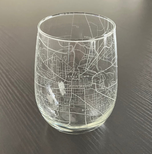 Stemless Wine Glass Urban City Map Ann Arbor, MI