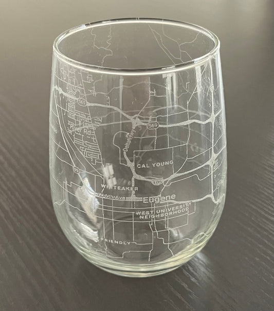 Stemless Wine Glass Urban City Map Eugene, OR