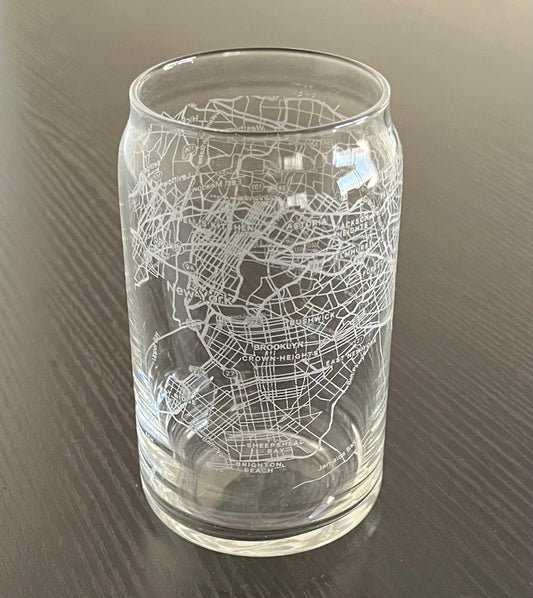 16 oz Beer Can Glass Urban City Map Brooklyn, NY