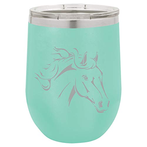 12 oz Double Wall Vacuum Insulated Stainless Steel Stemless Wine Tumbler Glass Coffee Travel Mug With Lid Horse Head (Teal)