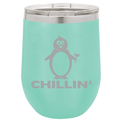 12 oz Double Wall Vacuum Insulated Stainless Steel Stemless Wine Tumbler Glass Coffee Travel Mug With Lid Funny Penguin Chillin (Teal)