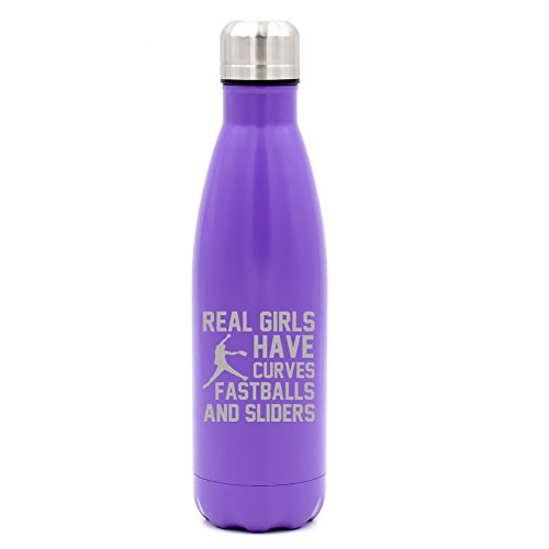 17 oz. Double Wall Vacuum Insulated Stainless Steel Water Bottle Travel Mug Cup Real Girls Curves Softball (Purple)