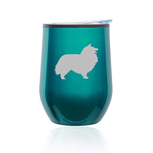 Stemless Wine Tumbler Coffee Travel Mug Glass With Lid Shetland Sheepdog (Turquoise Teal)