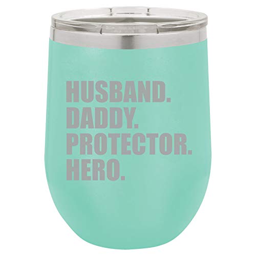 12 oz Double Wall Vacuum Insulated Stainless Steel Stemless Wine Tumbler Glass Coffee Travel Mug With Lid Husband Daddy Protector Hero Dad Father (Teal)