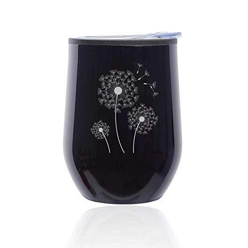 Stemless Wine Tumbler Coffee Travel Mug Glass With Lid Dandelions (Midnight Black)