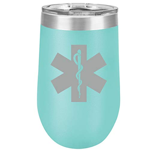 16 oz Double Wall Vacuum Insulated Stainless Steel Stemless Wine Tumbler Glass Coffee Travel Mug With Lid Star Of Life EMT Paramedic (Teal)