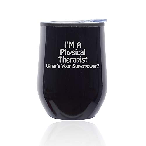 Stemless Wine Tumbler Coffee Travel Mug Glass With Lid Physical Therapist Super Power (Midnight Black)