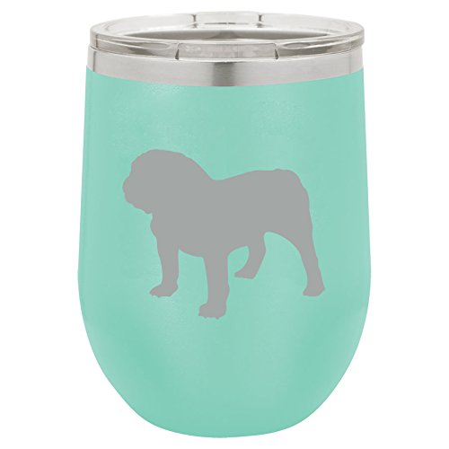 12 oz Double Wall Vacuum Insulated Stainless Steel Stemless Wine Tumbler Glass Coffee Travel Mug With Lid Bulldog (Teal)