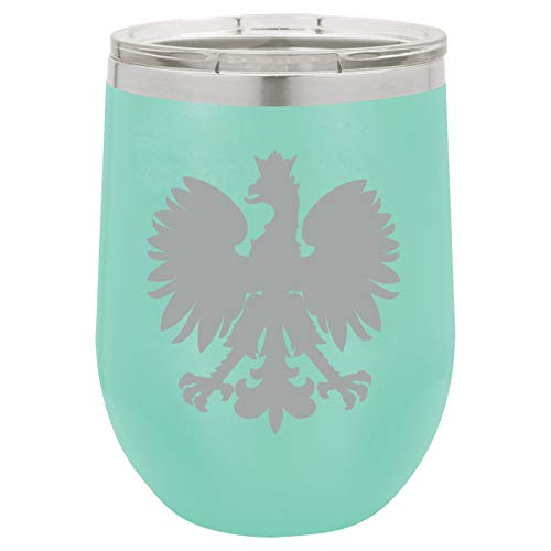 12 oz Double Wall Vacuum Insulated Stainless Steel Stemless Wine Tumbler Glass Coffee Travel Mug With Lid Poland Eagle (Teal)