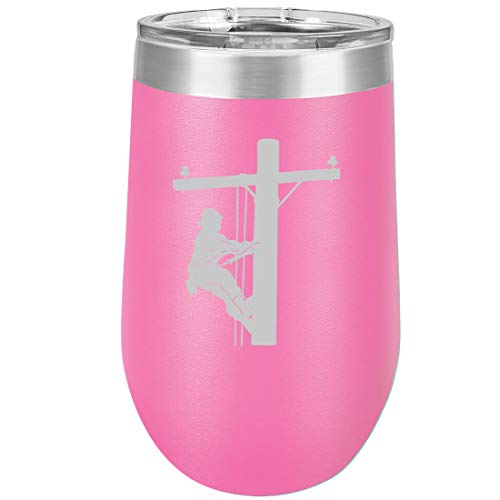 16 oz Double Wall Vacuum Insulated Stainless Steel Stemless Wine Tumbler Glass Coffee Travel Mug With Lid Lineman Electric Pole Climber (Hot Pink)