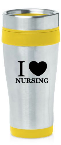 Yellow 16oz Insulated Stainless Steel Travel Mug Z1073 I Love Heart Nursing