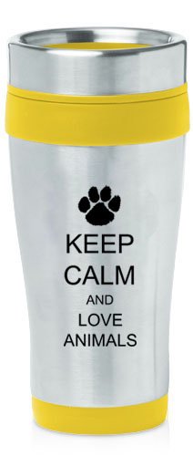 Yellow 16oz Insulated Stainless Steel Travel Mug Keep Calm and Love Animals