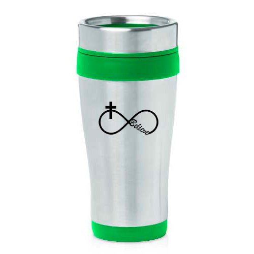 16oz Insulated Stainless Steel Travel Mug Infinity Believe Cross Christian (Green)