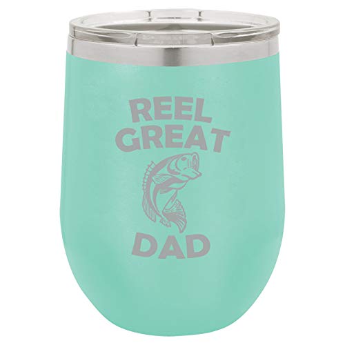 12 oz Double Wall Vacuum Insulated Stainless Steel Stemless Wine Tumbler Glass Coffee Travel Mug With Lid Reel Great Dad Bass Fish Fishing Father (Teal)