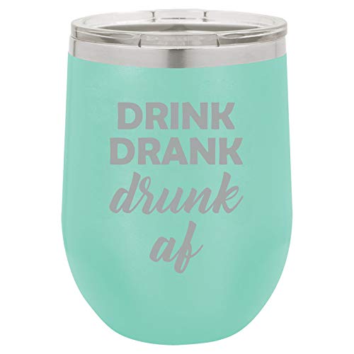 12 oz Double Wall Vacuum Insulated Stainless Steel Stemless Wine Tumbler Glass Coffee Travel Mug With Lid Drink Drank Drunk AF Funny (Teal)