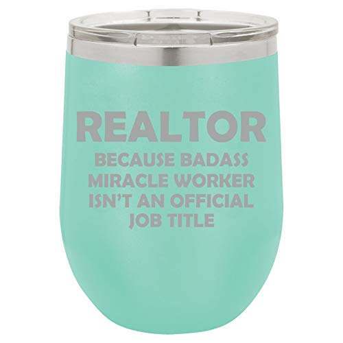 12 oz Double Wall Vacuum Insulated Stainless Steel Stemless Wine Tumbler Glass Coffee Travel Mug With Lid Realtor Real Estate Agent Broker Miracle Worker Job Title Funny (Teal)