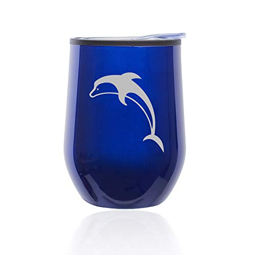 Stemless Wine Tumbler Coffee Travel Mug Glass With Lid Dolphin (Blue)