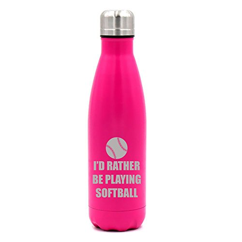 17 oz. Double Wall Vacuum Insulated Stainless Steel Water Bottle Travel Mug Cup I'd Rather Be Playing Softball (Pink)