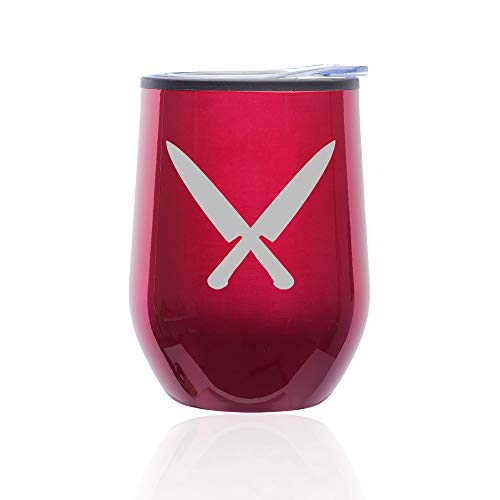 Stemless Wine Tumbler Coffee Travel Mug Glass With Lid Chef Knives (Fuchsia)