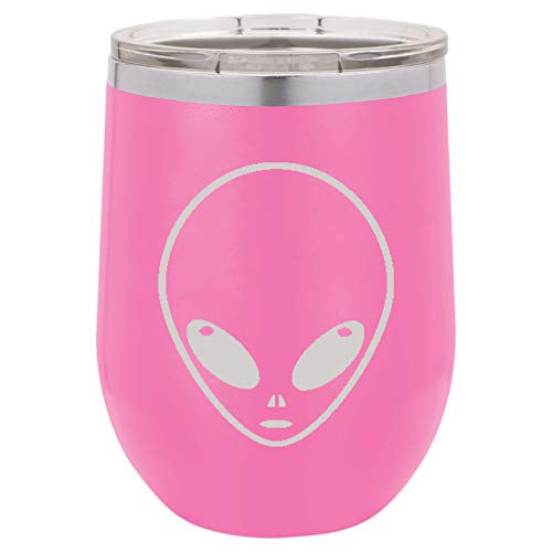 12 oz Double Wall Vacuum Insulated Stainless Steel Stemless Wine Tumbler Glass Coffee Travel Mug With Lid Alien Head (Hot-Pink)