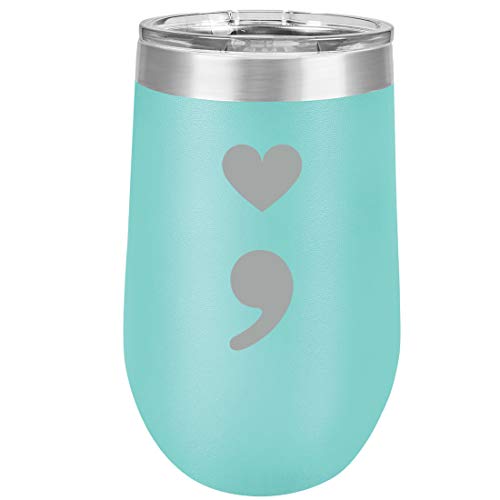 16 oz Double Wall Vacuum Insulated Stainless Steel Stemless Wine Tumbler Glass Coffee Travel Mug With Lid Heart Semicolon (Teal)