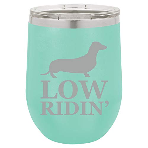 12 oz Double Wall Vacuum Insulated Stainless Steel Stemless Wine Tumbler Glass Coffee Travel Mug With Lid Low Ridin' Dachshund (Teal)