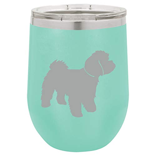 12 oz Double Wall Vacuum Insulated Stainless Steel Stemless Wine Tumbler Glass Coffee Travel Mug With Lid Maltipoo (Teal)