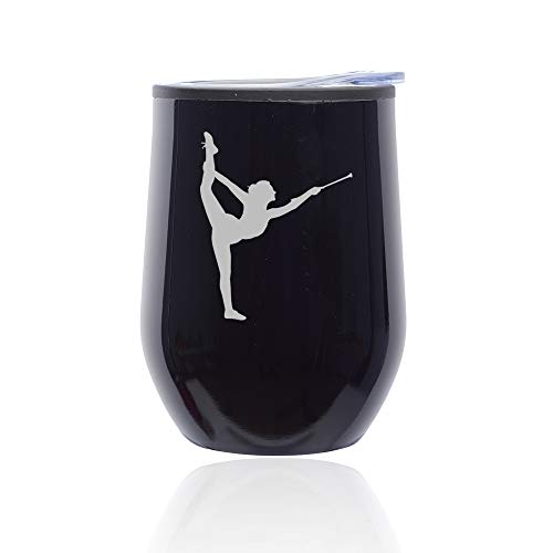Stemless Wine Tumbler Coffee Travel Mug Glass With Lid Female Gymnast Twirling Baton Gymnastics (Midnight Black)