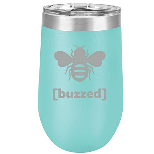 16 oz Double Wall Vacuum Insulated Stainless Steel Stemless Wine Tumbler Glass Coffee Travel Mug With Lid Buzzed Bee (Teal)