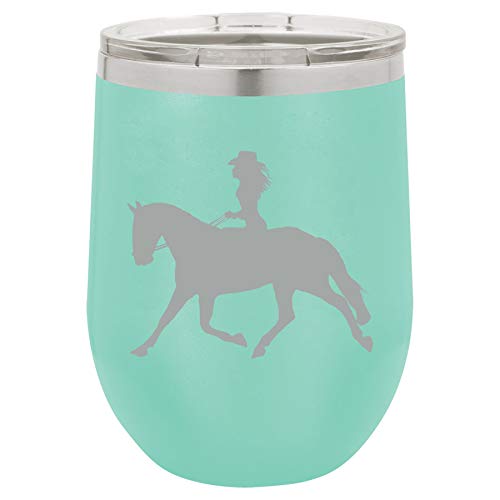 12 oz Double Wall Vacuum Insulated Stainless Steel Stemless Wine Tumbler Glass Coffee Travel Mug With Lid Cowgirl Riding Horse (Teal)