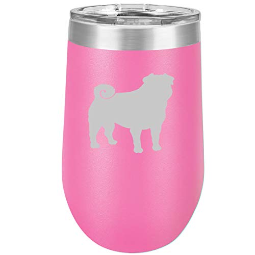 16 oz Double Wall Vacuum Insulated Stainless Steel Stemless Wine Tumbler Glass Coffee Travel Mug With Lid Pug (Hot Pink)