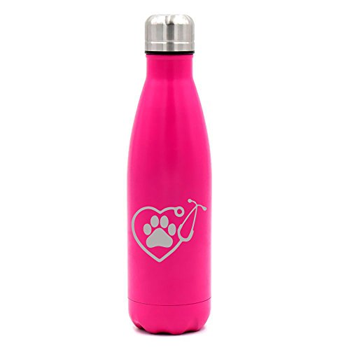 17 oz. Double Wall Vacuum Insulated Stainless Steel Water Bottle Travel Mug Cup Heart Stethoscope Vet Tech Veterinarian (Pink)