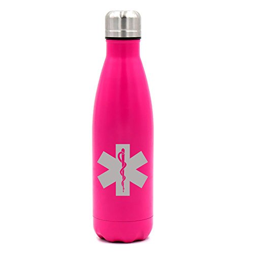 17 oz. Double Wall Vacuum Insulated Stainless Steel Water Bottle Travel Mug Cup Star Of Life EMT (Pink)