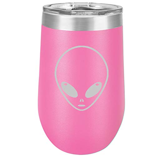 16 oz Double Wall Vacuum Insulated Stainless Steel Stemless Wine Tumbler Glass Coffee Travel Mug With Lid Alien Head (Hot Pink)
