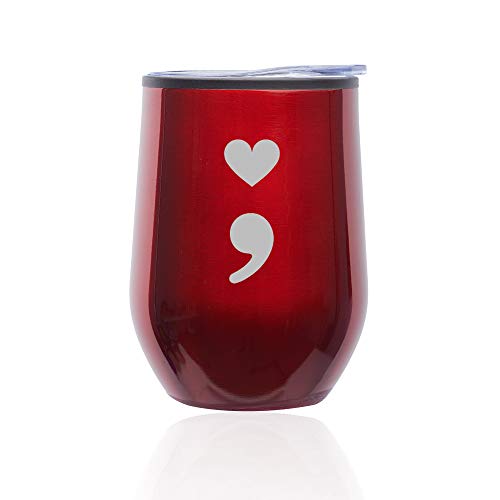 Stemless Wine Tumbler Coffee Travel Mug Glass With Lid Heart Semicolon (Red)