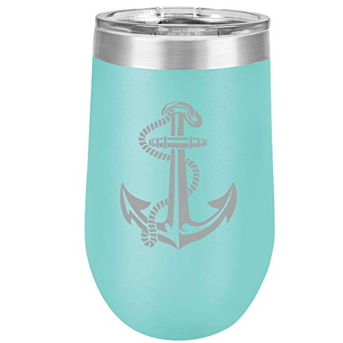 16 oz Double Wall Vacuum Insulated Stainless Steel Stemless Wine Tumbler Glass Coffee Travel Mug With Lid Anchor With Rope (Teal)