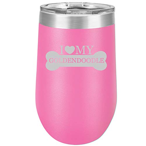 16 oz Double Wall Vacuum Insulated Stainless Steel Stemless Wine Tumbler Glass Coffee Travel Mug With Lid I Love My Goldendoodle (Hot Pink)