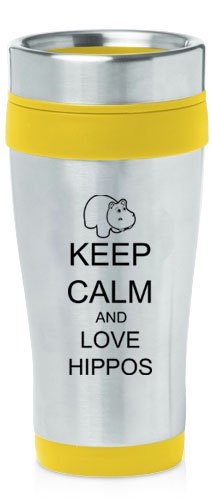 Yellow 16oz Insulated Stainless Steel Travel Mug Z433 Keep Calm and Love Hippos