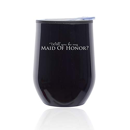 Stemless Wine Tumbler Coffee Travel Mug Glass With Lid Will You Be My Maid Of Honor (Midnight Black)