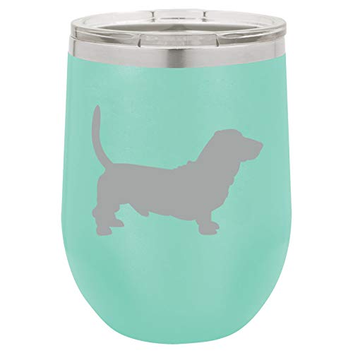 12 oz Double Wall Vacuum Insulated Stainless Steel Stemless Wine Tumbler Glass Coffee Travel Mug With Lid Basset Hound (Teal)