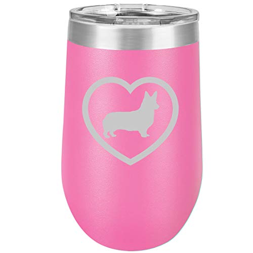 16 oz Double Wall Vacuum Insulated Stainless Steel Stemless Wine Tumbler Glass Coffee Travel Mug With Lid Corgi Heart (Hot Pink)
