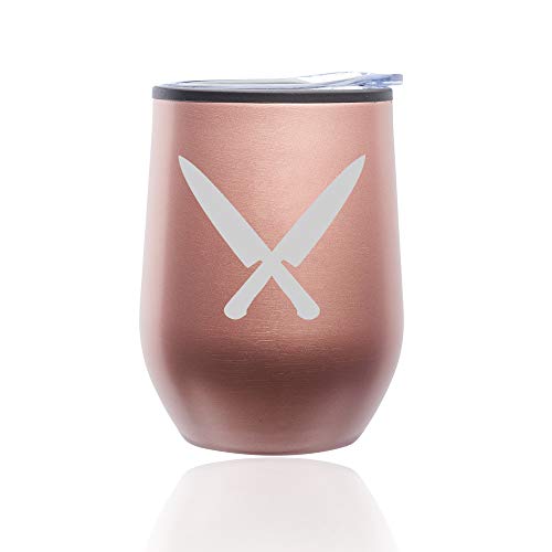 Stemless Wine Tumbler Coffee Travel Mug Glass With Lid Chef Knives (Rose Gold)