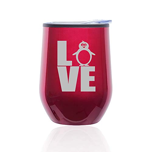 Stemless Wine Tumbler Coffee Travel Mug Glass With Lid Love Penguin (Fuchsia)