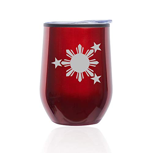 Stemless Wine Tumbler Coffee Travel Mug Glass With Lid Philippines Stars And Sun (Red)