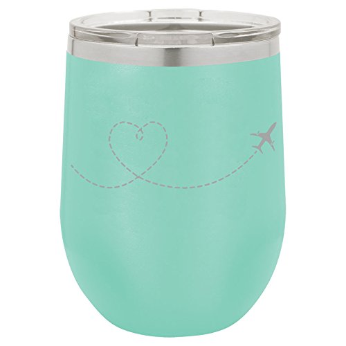 12 oz Double Wall Vacuum Insulated Stainless Steel Stemless Wine Tumbler Glass Coffee Travel Mug With Lid Heart Love Travel Airplane (Teal)