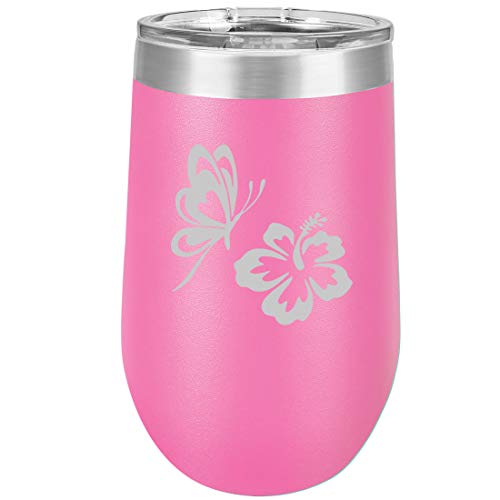 16 oz Double Wall Vacuum Insulated Stainless Steel Stemless Wine Tumbler Glass Coffee Travel Mug With Lid Butterfly And Hibiscus (Hot Pink)