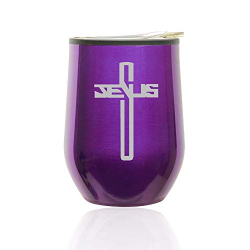 Stemless Wine Tumbler Coffee Travel Mug Glass With Lid Jesus Cross (Royal Purple)