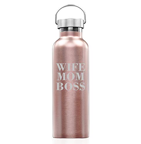 Rose Gold Double Wall Vacuum Insulated Stainless Steel Tumbler Travel Mug Wife Mom Boss (25 oz Water Bottle)