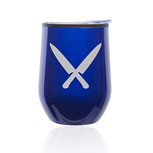 Stemless Wine Tumbler Coffee Travel Mug Glass With Lid Chef Knives (Blue)