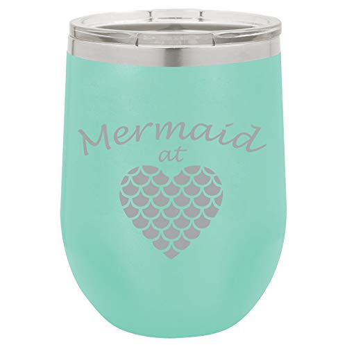 12 oz Double Wall Vacuum Insulated Stainless Steel Stemless Wine Tumbler Glass Coffee Travel Mug With Lid Mermaid At Heart (Teal)